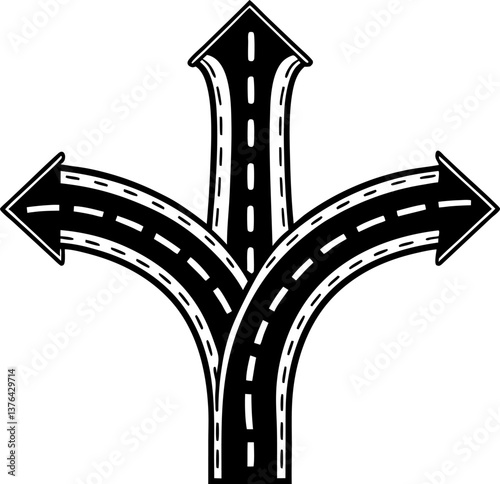 Three way road intersection with arrows path direction, decision making concept in navigation and choices.