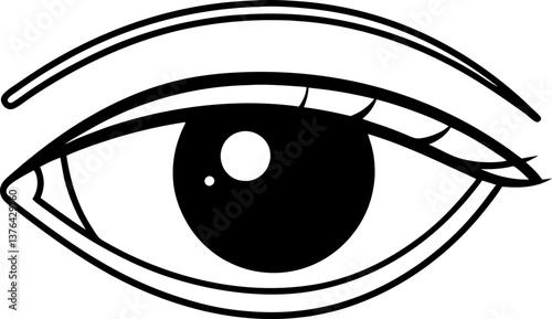 black and white eye illustration detailed line art of human eye with focus on iris and eyelashes.