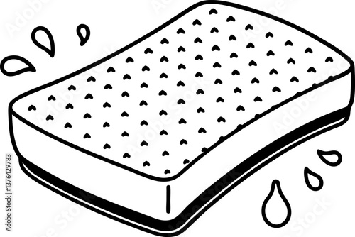 cleaning sponge illustration black and white simple design with water droplets, household cleaning tool concept.