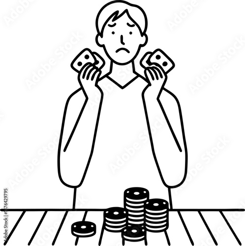 Worried gambler holding cards and chips at a casino table decision making in high stakes game.