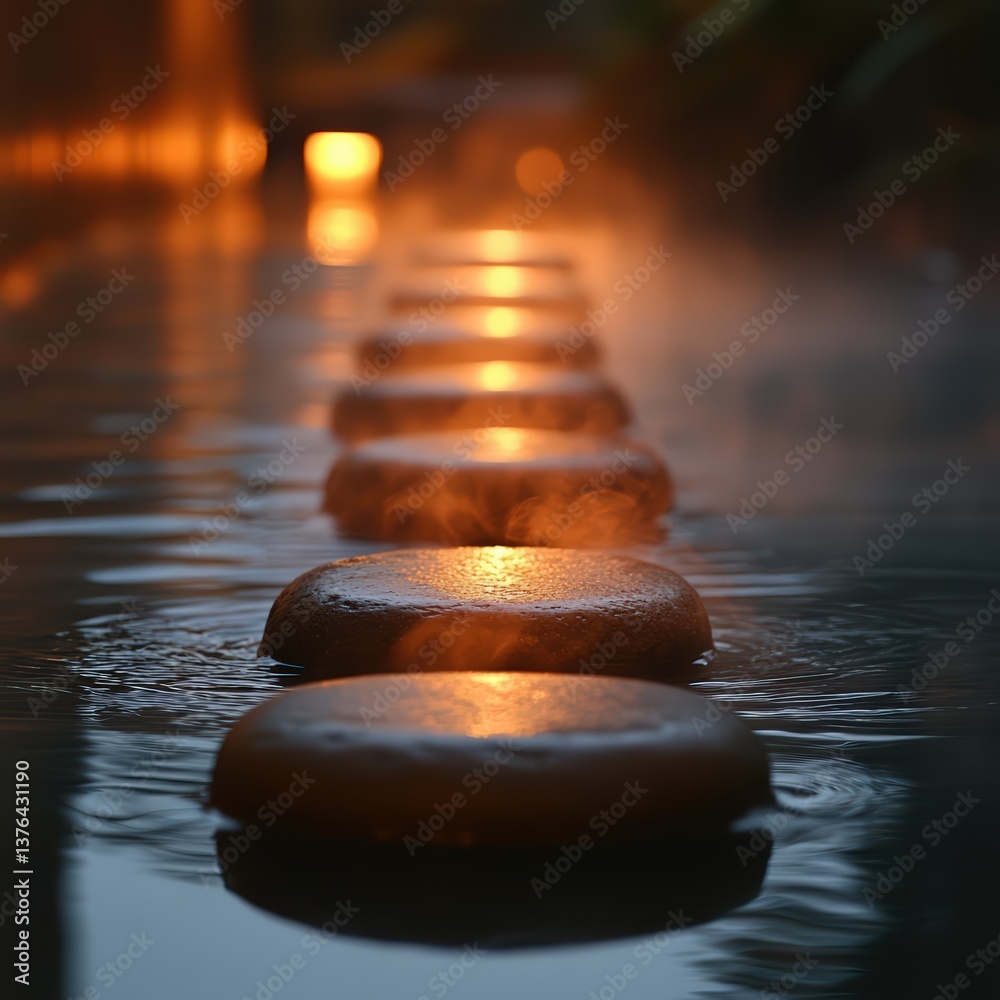 Obraz premium Hot stone therapy on the back, with steam and soft lighting