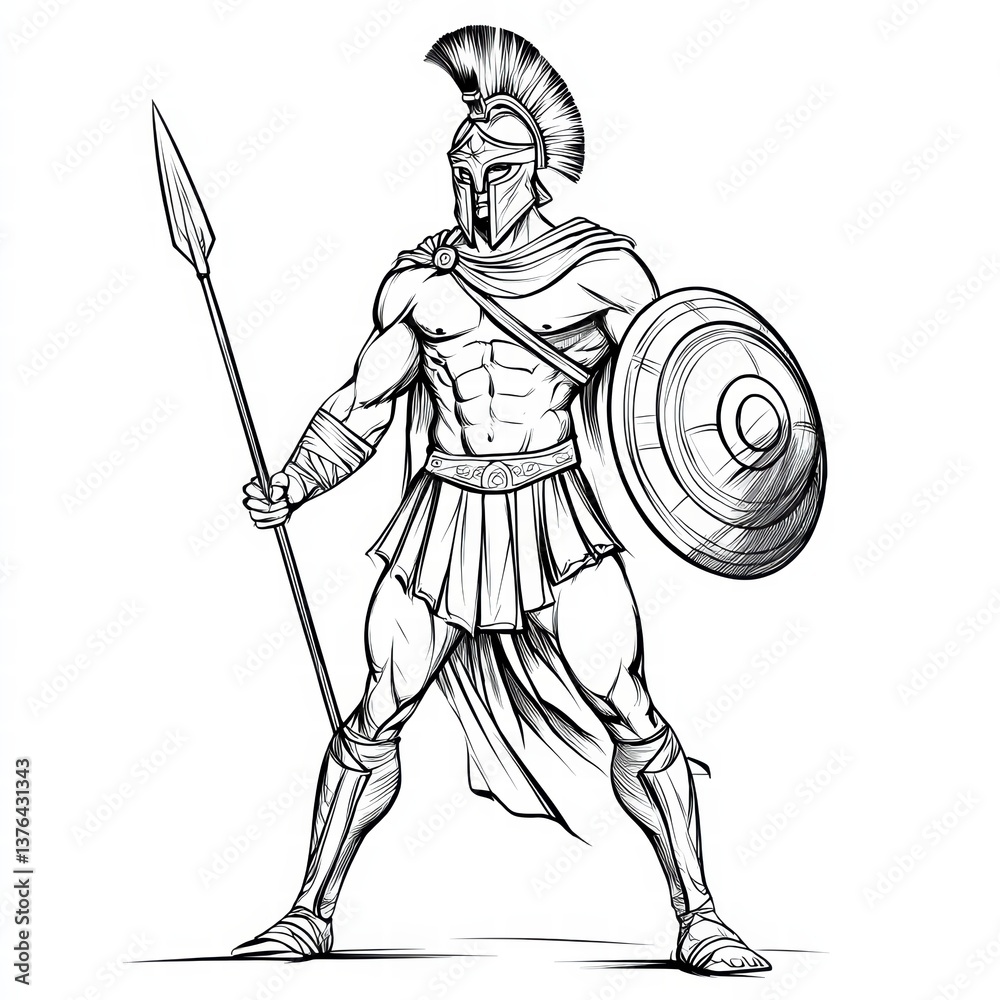 Obraz premium Ancient Spartan Warrior: A powerful illustration of a Spartan warrior, clad in classic armor and helmet, brandishing a spear and shield, ready for battle.