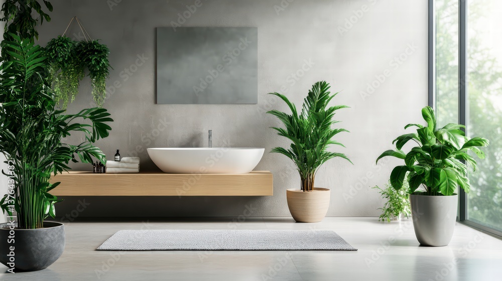 Interior Oasis: a serene modern bathroom interior, filled with natural light and lush green plants, creating a calming and refreshing atmosphere.