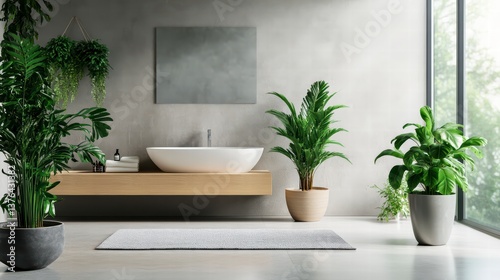 Obraz na płótnie Interior Oasis: a serene modern bathroom interior, filled with natural light and lush green plants, creating a calming and refreshing atmosphere. w salonie