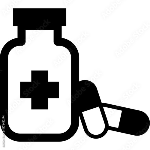 Medicine Bottle and Capsules Icon, Flat Black and White Medical Symbol Vector