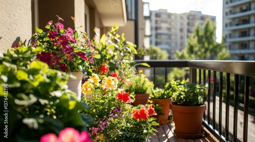 Fototapeta Naklejka Na Ścianę i Meble -  A Balcony Oasis: A vibrant display of potted flowers and lush greenery creates a serene urban oasis on a balcony. A visual of tranquility and connection to nature