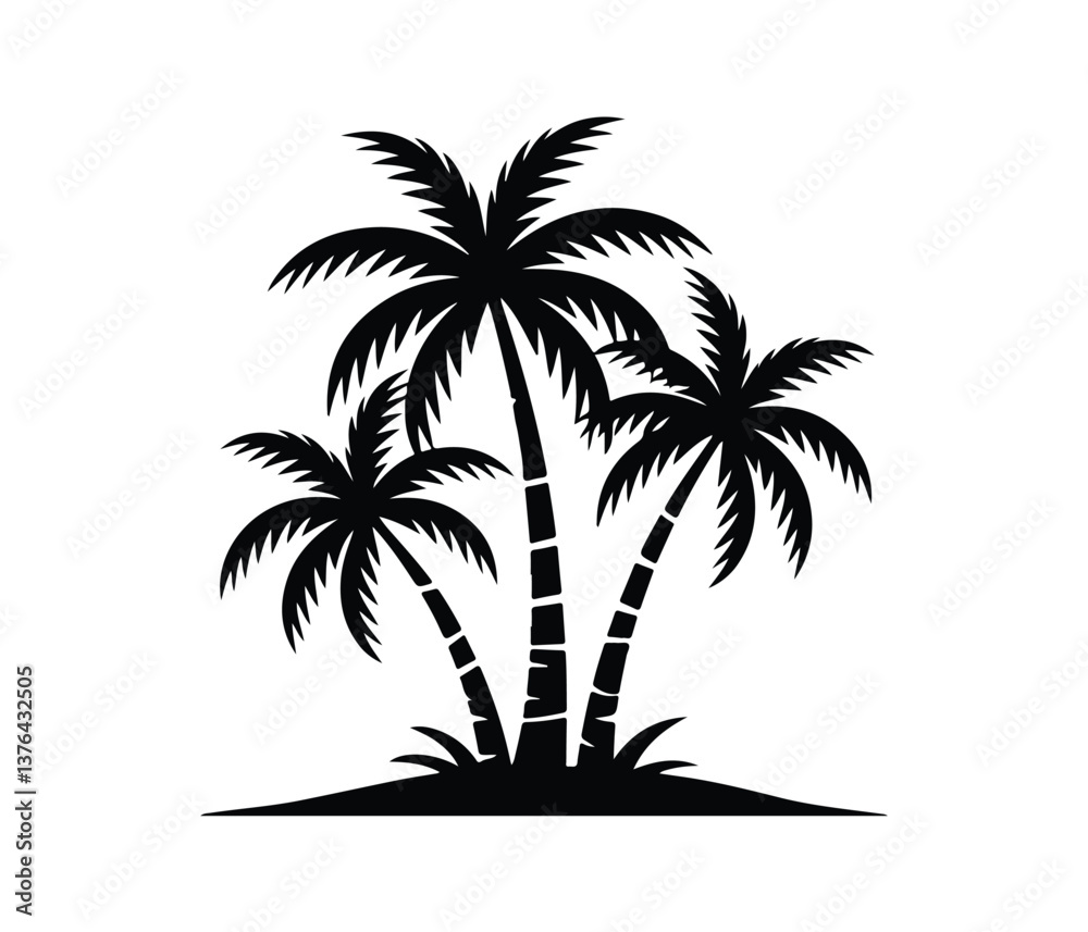 Fototapeta premium Simple Black Silhouette of Tropical Palm Trees. three palm trees on a small island with white background.