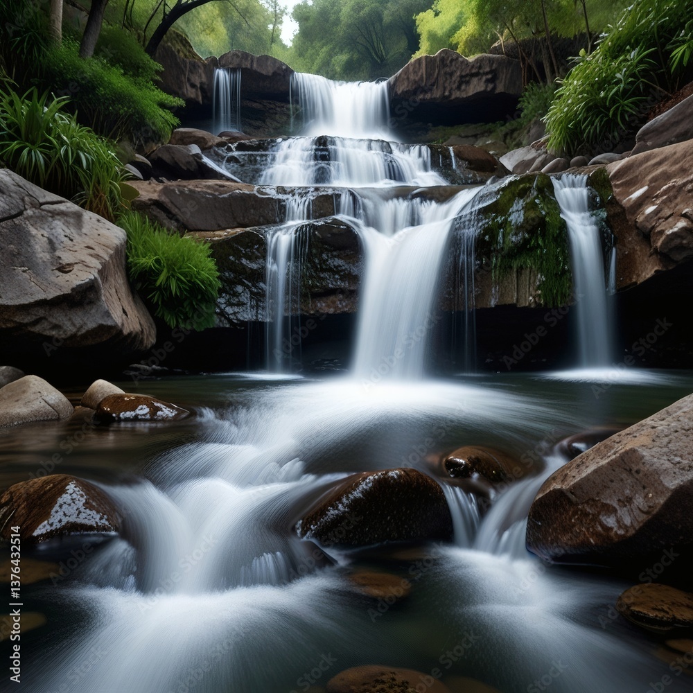 Fototapeta premium A waterfall cascading down rocks, merging strength and calm.