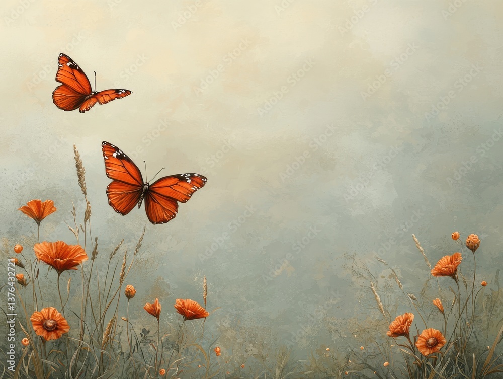 Fototapeta premium Painted Butterflies Soaring Among Poppy Flowers, Artistic Impression, Nature, Springtime, and Tranquility