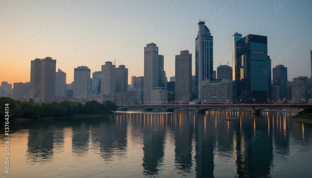 Serene City Reflection at Tranquil Dawn Serene City Reflection at Tranquil Dawn