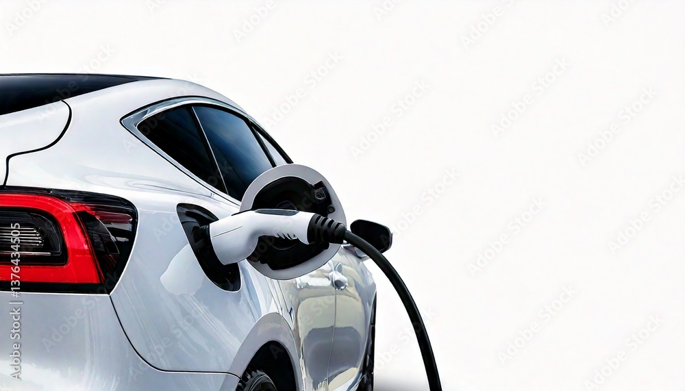 Fototapeta premium Close-up EV plug connected white modern EV Car for recharging battery energy, isolated