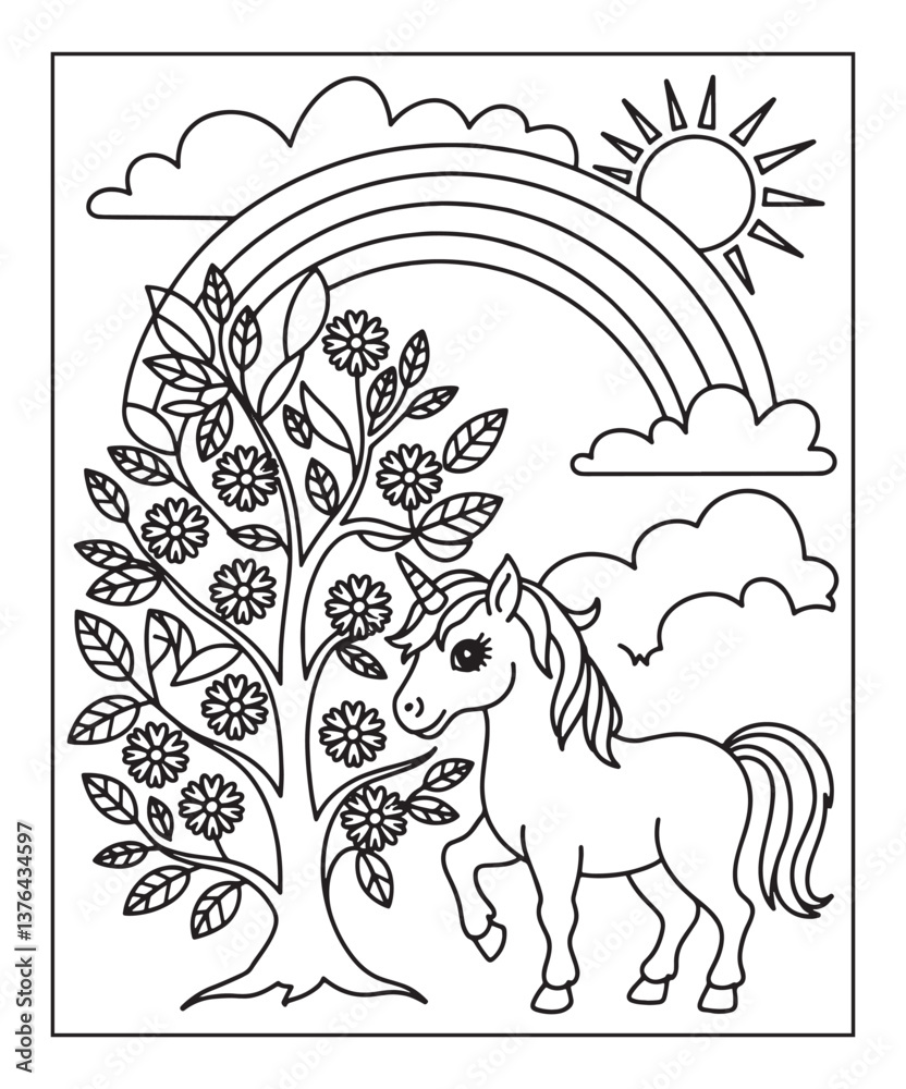 Fototapeta premium Cute unicorn coloring page for kids, black line art vector illustration on white background 