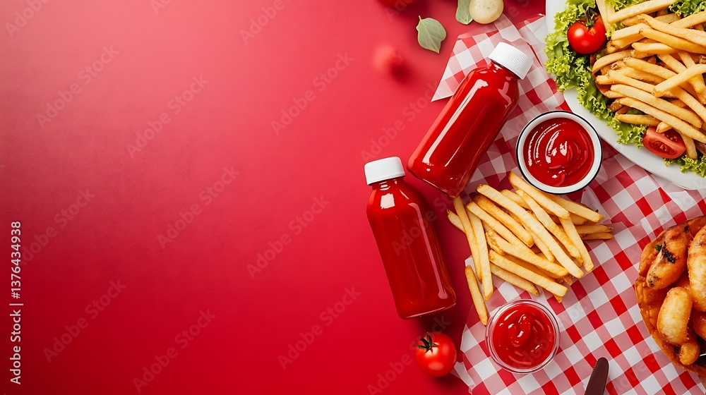 A symbolic National Ketchup Day scene with ketchup bottles, fries, and picnic settings on a soft red and white background