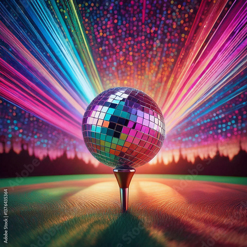 A shimmering disco ball perched on a golf tee creates a playful party on the green, bursting with colorful light