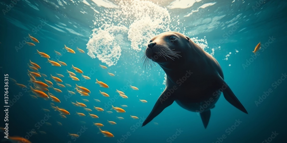 An underwater encounter with a curious sea lion, surrounded by a school of small, vibrant fish, a tranquil moment beneath the ocean's surface. An underwater encounter with a curious sea lion, surrounded by a school of small, vibrant fish, a tranquil moment beneath the ocean's surface.