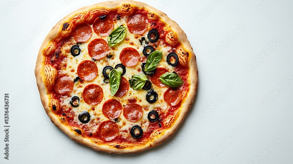 Delicious Pepperoni Pizza Topped with Fresh Basil Olives and Melted Cheese on a White Background Delicious Pepperoni Pizza Topped with Fresh Basil Olives and Melted Cheese on a White Background