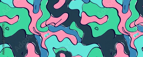 Doodle seamless pattern funky green blue pink color scheme camouflage modern simple art illustration minimal striped texture.