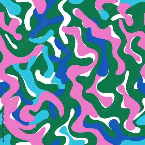 Doodle seamless pattern poster green blue pink color scheme camouflage modern simple art illustration minimal striped texture.