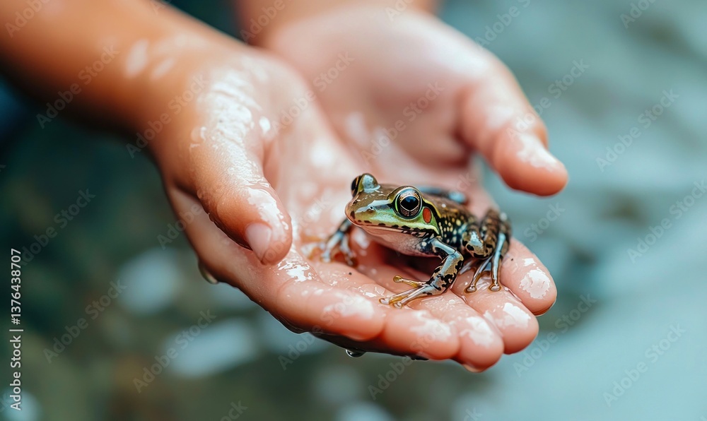 Obraz premium A child's gentle hands cradle a vibrant frog, showcasing the delicate beauty of nature.