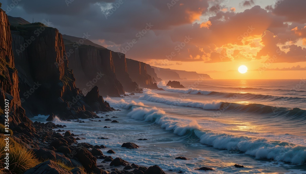 Obraz premium Majestic Sunset Over Rugged Cliffs and Gentle Ocean Waves