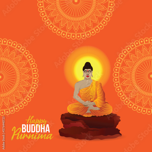 Happy buddha purnima, gautam buddha meditating, vector illustration