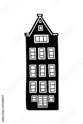 Amsterdam old house. Landmark of the Netherlands. Hand-drawn facades of old buildings collection. Black and white vector illustration.