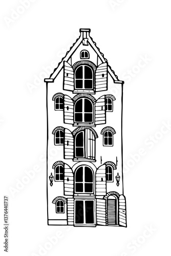 Amsterdam old house. Landmark of the Netherlands. Hand-drawn facades of old buildings collection. Black and white vector illustration.