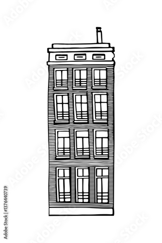 Amsterdam old house. Landmark of the Netherlands. Hand-drawn facades of old buildings collection. Black and white vector illustration.