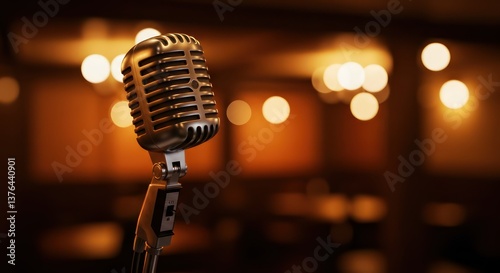 Vintage Mic with Stage, Night, and Concert.