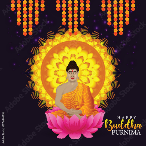 Happy buddha purnima, gautam buddha meditating, vector illustration