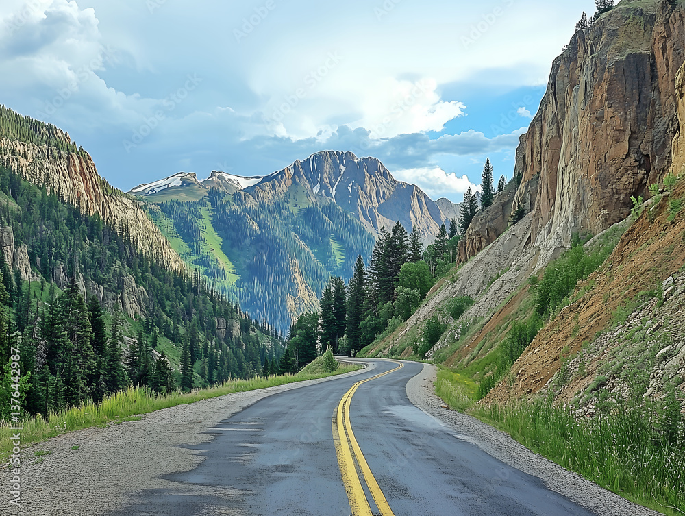 Naklejka premium Mountain Road Through Lush Valley, Winding Road in Mountain Landscape