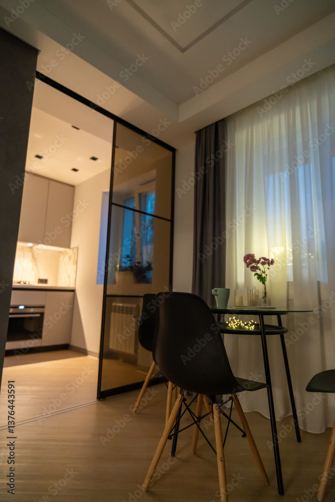 Fototapeta premium Apartment Interior Design Glass Door Modern Kitchen Evening Lighting