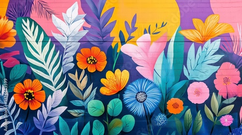 Colorful Floral Mural: A vibrant and lively mural of colorful flowers, leaves, and foliage bursts with life, showcasing an imaginative world of flora, creating a unique display of artistic expression.