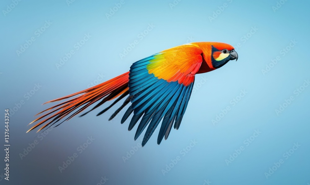 Fototapeta premium A vibrant scarlet macaw gracefully soars through the sky, showcasing its brilliant feathers in mid-flight.