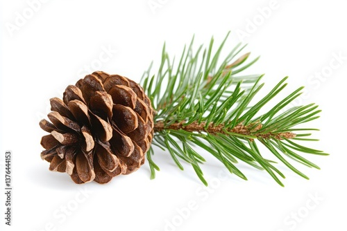 A close up shot of a pine cone and a green branch on a white background in a studio setting