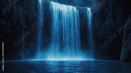 Beautiful blue waterfall cascades into a calm tranquil water pool