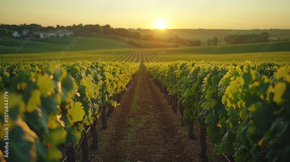 Fototapeta premium Sunset over lush green vineyard rows.