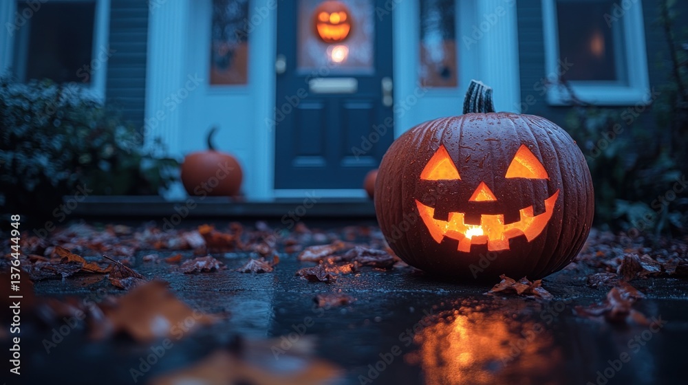 Obraz premium Lit jack-o'-lantern on porch steps with autumn leaves at night.