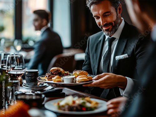 Lunch break between two business meetings, enjoying meal. A businessman having lunch at a restaurant. A man elegantly dressed in a business suit eats pasta and drinks white wine alone in a restaurant