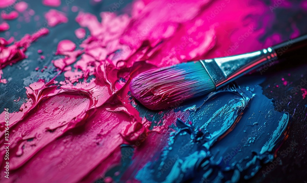 Fototapeta premium A paintbrush lies poised on a canvas of vibrant pink and blue, ready to create a masterpiece.