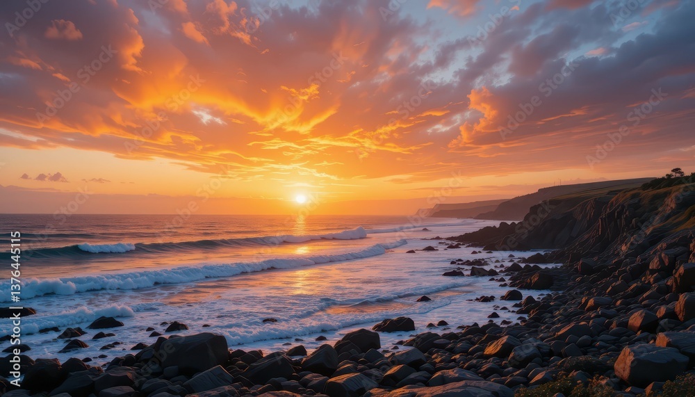 Obraz premium Serene Sunset Over Coastal Waves with Rocky Shoreline View