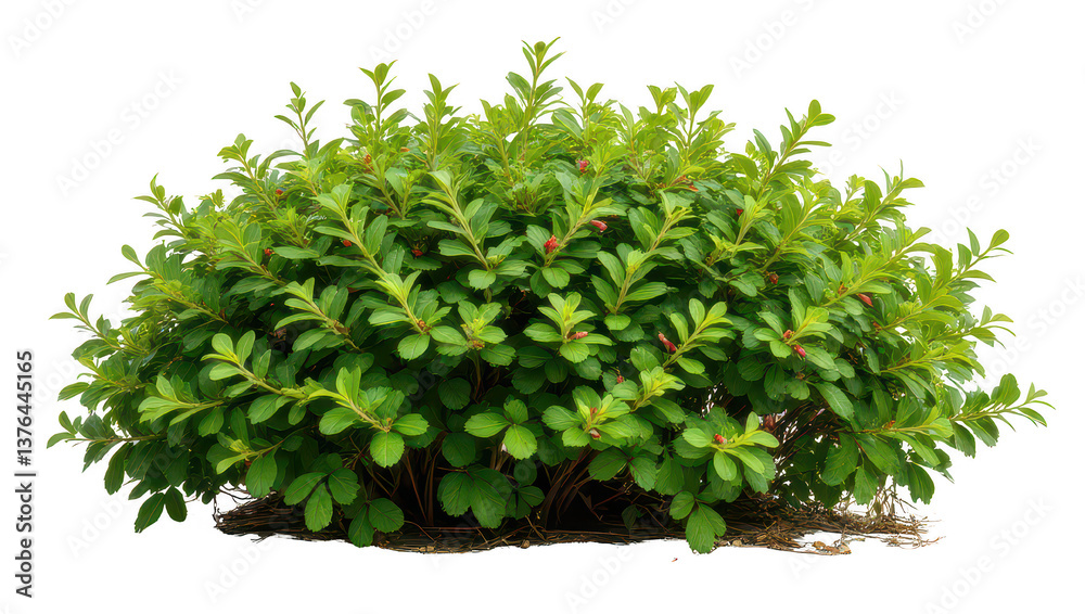 Obraz premium Lush Green Shrub with Red Buds - Isolated on Black Background