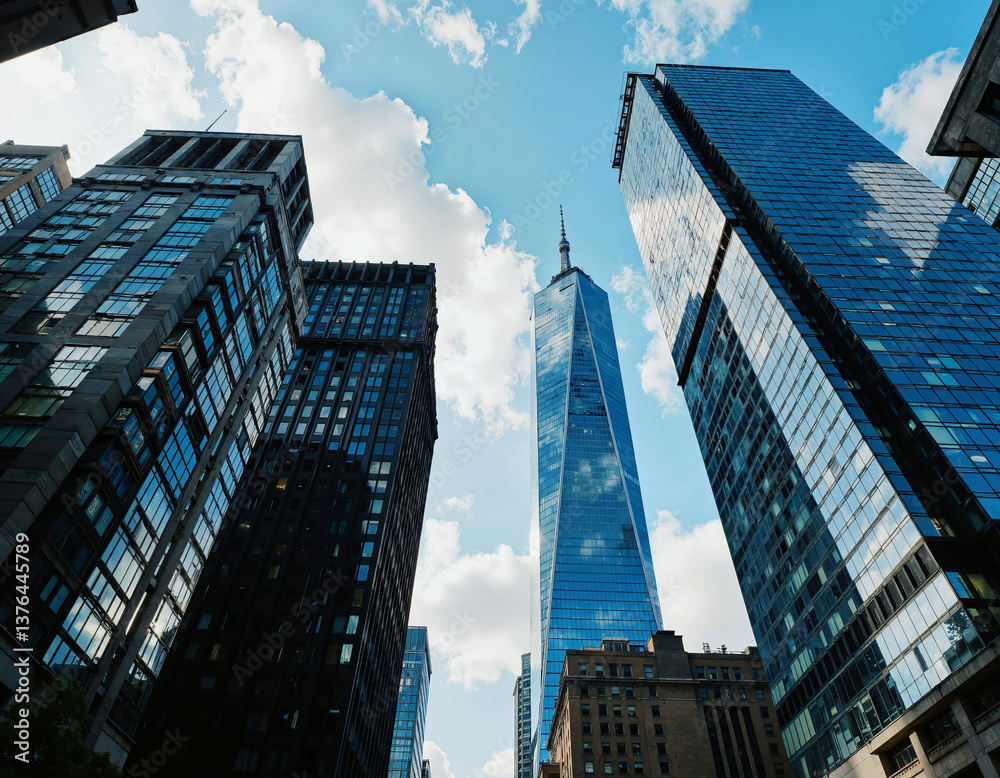 Naklejka premium A cityscape featuring towering skyscrapers and office buildings under a partly cloudy sky