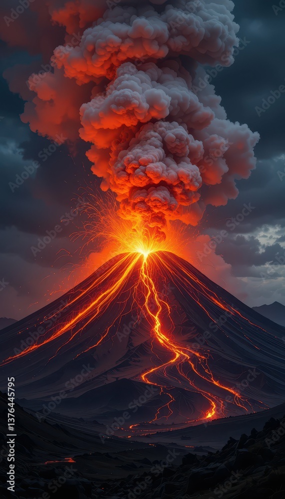 Fototapeta premium Erupting Volcano with Lava Flow and Dramatic Smoke Clouds at Dawn