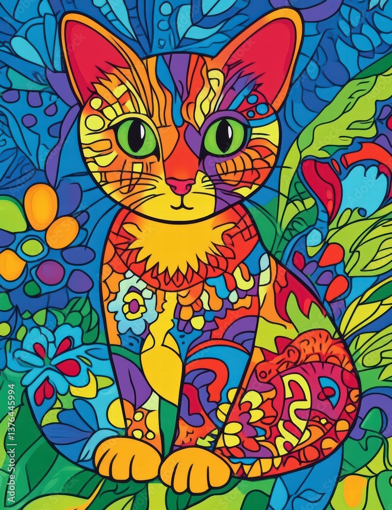 Whimsical Cat in Wonderland: A vibrant, colorful illustration of a charming cat amidst a lush, fantastical garden. This playful artwork embodies creativity and imagination. Whimsical Cat in Wonderland: A vibrant, colorful illustration of a charming cat amidst a lush, fantastical garden. This playful artwork embodies creativity and imagination.