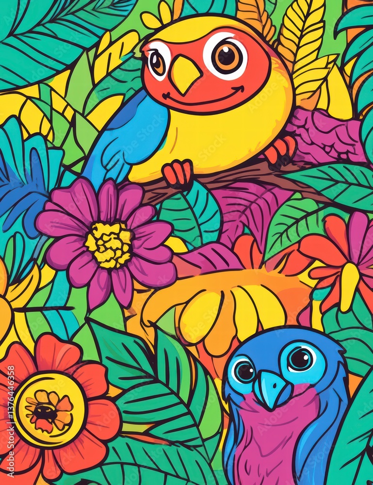 Fototapeta premium Cheerful Owls in Vivid Flora: Two charming owls, perched amidst a riot of colorful flora and foliage, invite viewers to embrace nature's vibrant palette and whimsical charm. 