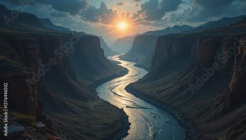 Wallpaper Mural Serene River Landscape at Sunset with Dramatic Mountain Backdrop Torontodigital.ca