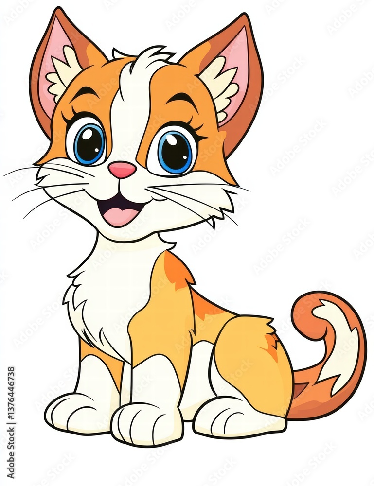 Obraz premium Cute Kitten Cartoon Illustration: A cheerful cartoon kitten with bright blue eyes, orange and white fur sits with a friendly smile, capturing the innocence and playfulness of feline companions.