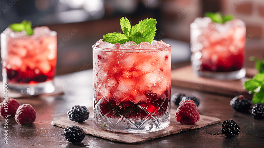 Fresh berries cocktail with raspberry, blackberry, mint and ice in jar glass on dark blue background. Studio shot of drink in freeze motion, flying drops and berries. Summer cold drink and cocktail Fresh berries cocktail with raspberry, blackberry, mint and ice in jar glass on dark blue background. Studio shot of drink in freeze motion, flying drops and berries. Summer cold drink and cocktail