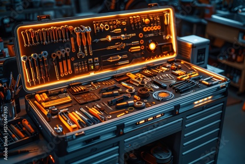 Tool chest filled with various hand tools illuminated in a workshop during late hours
